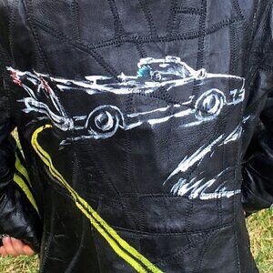 Vintage kids black leather patch zip-up jacket, yellow and white hand painted 4T